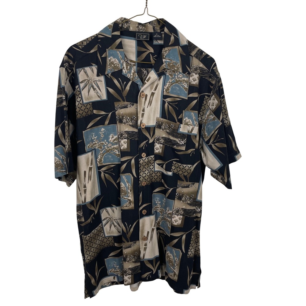 WTF‎ 100% Silk Button Up Short Sleeve Shirt Blue Beige Tan Mens Size M